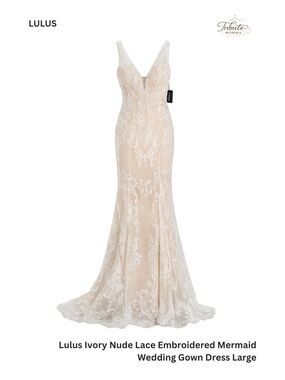 Lulus Ivory Nude Lace Embroidered Mermaid Wedding Gown Dress Large NWT